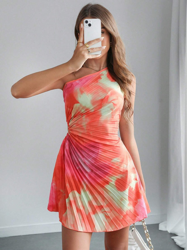 Cutout Drawstring Pleated Tie-Dye Sleeveless Mini Dress with Tied Detail.