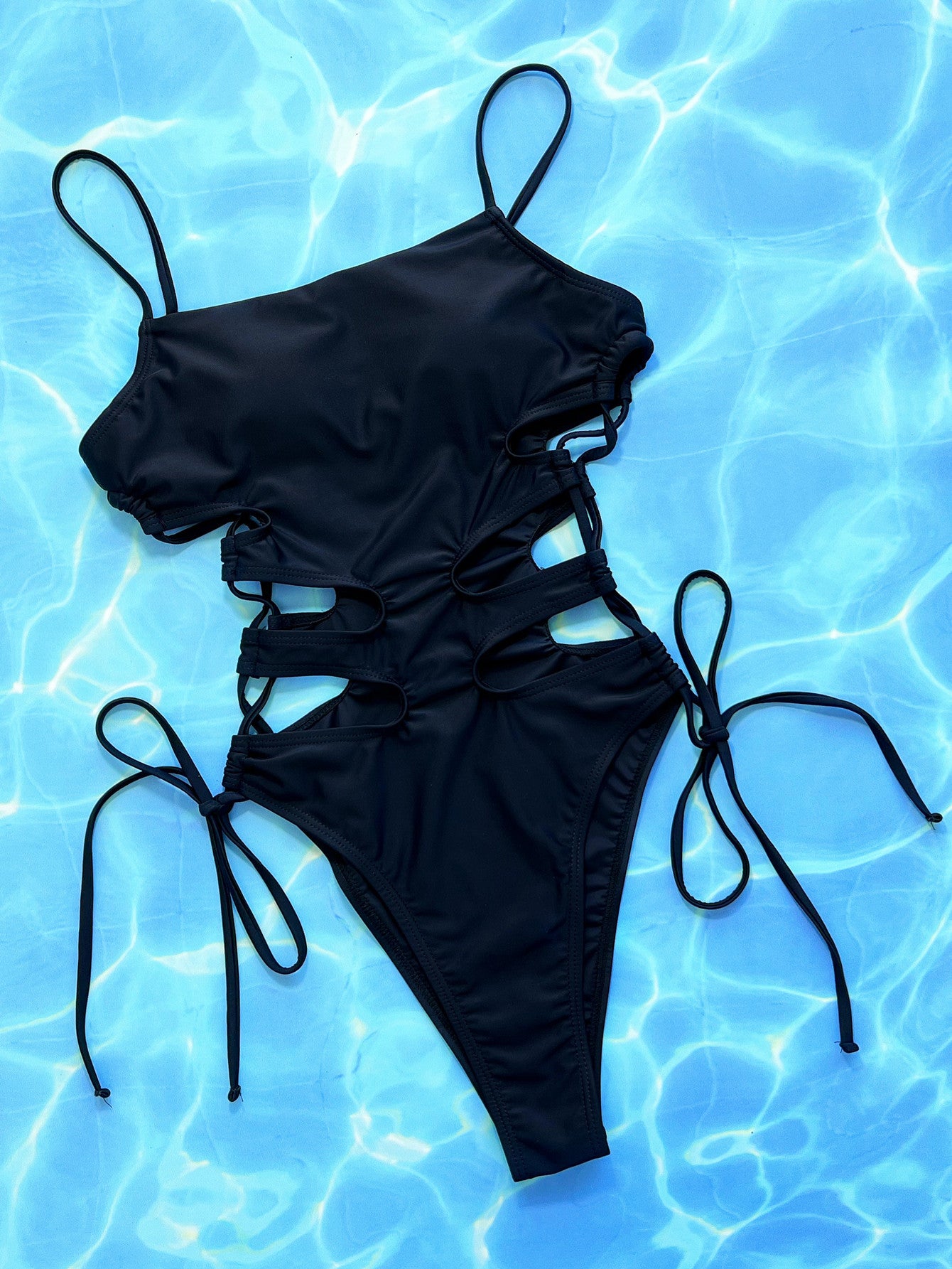 Cutout Lace-Up Spaghetti Strap One-Piece Swimsuit.
