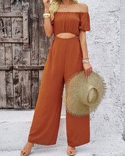 Single Shoulder Short Sleeve Jumpsuit with Tie.