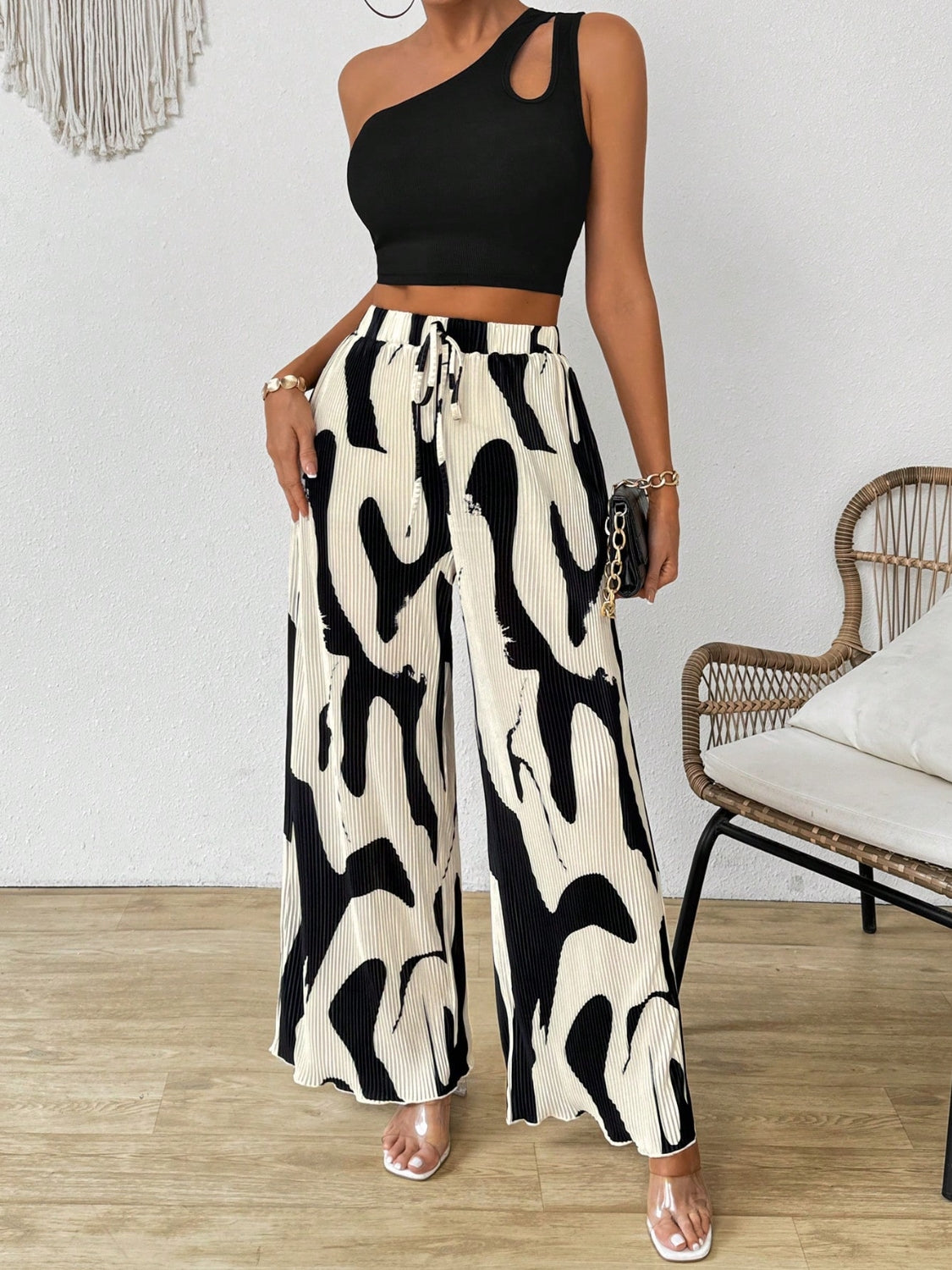 Cutout One Shoulder Top and Printed Pants Set.