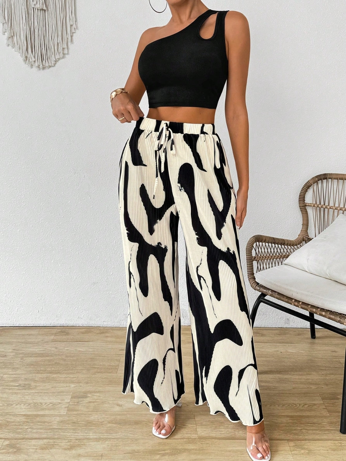 Cutout One Shoulder Top and Printed Pants Set.