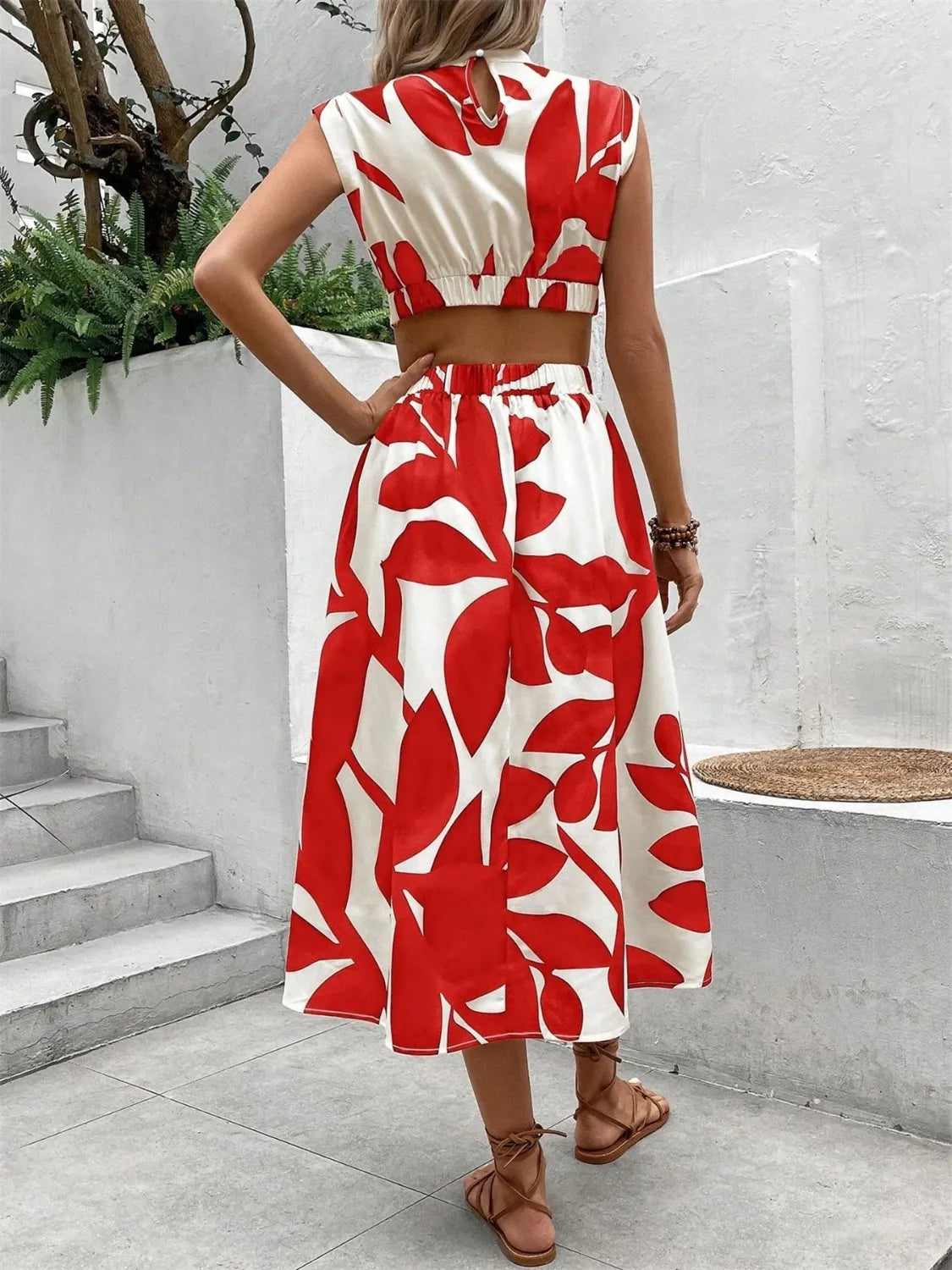 Cutout Printed Cap Sleeve Midi Dress.