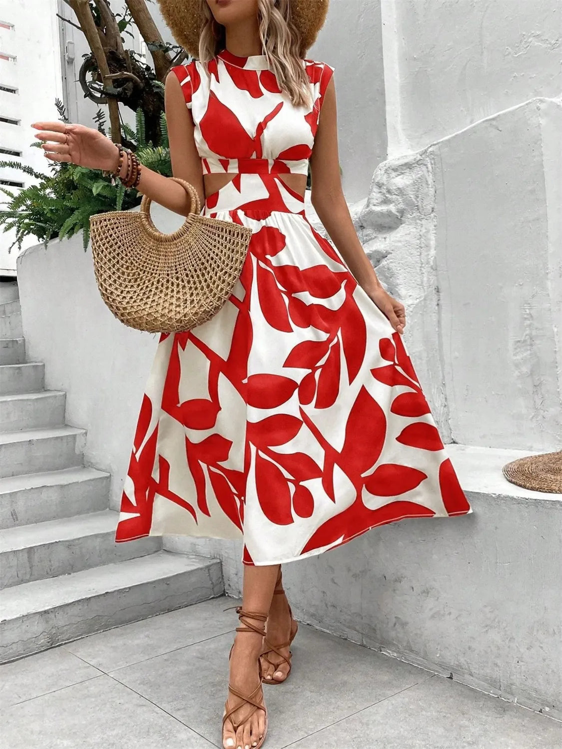 Cutout Printed Cap Sleeve Midi Dress.