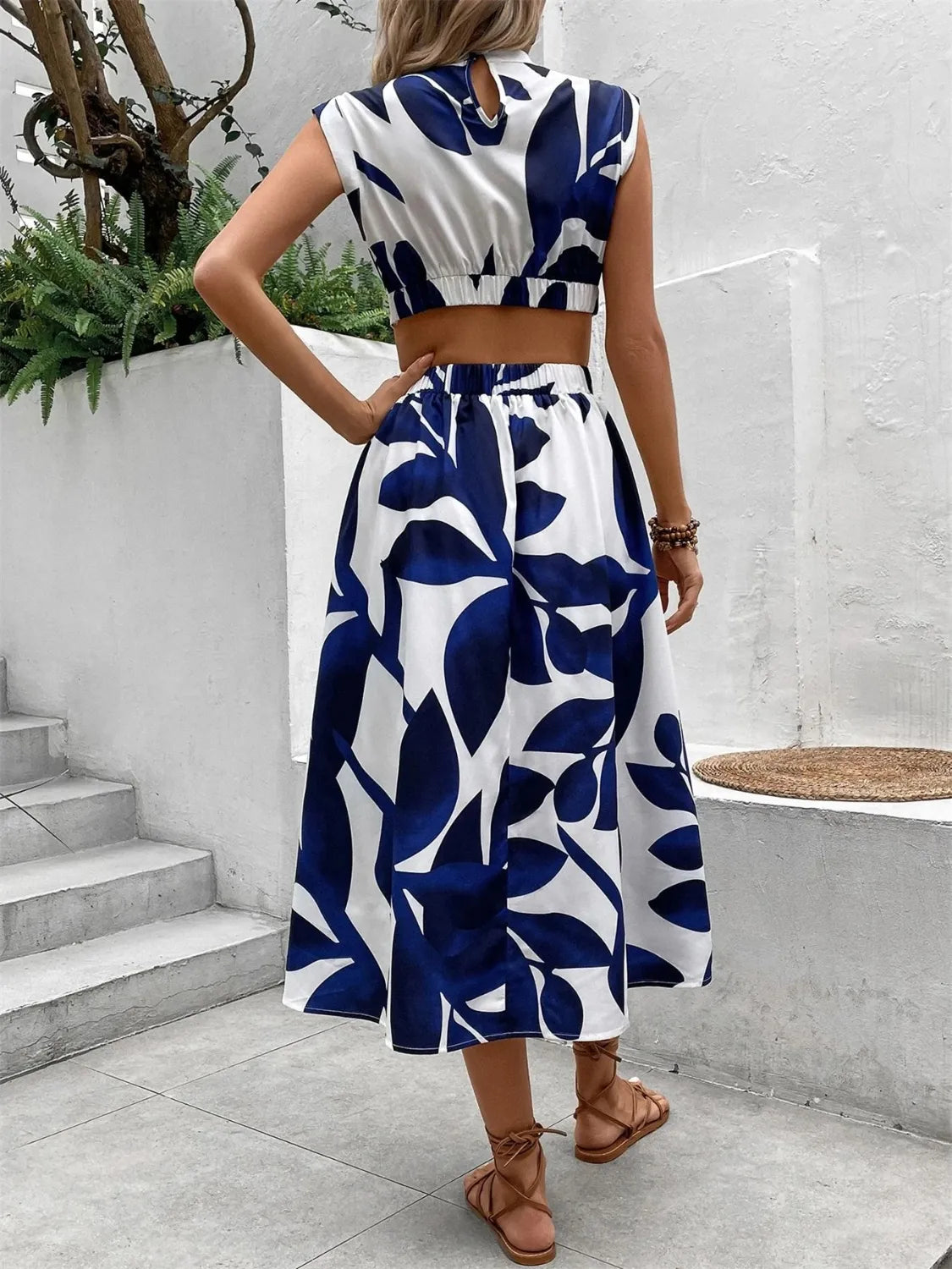 Cutout Printed Cap Sleeve Midi Dress.