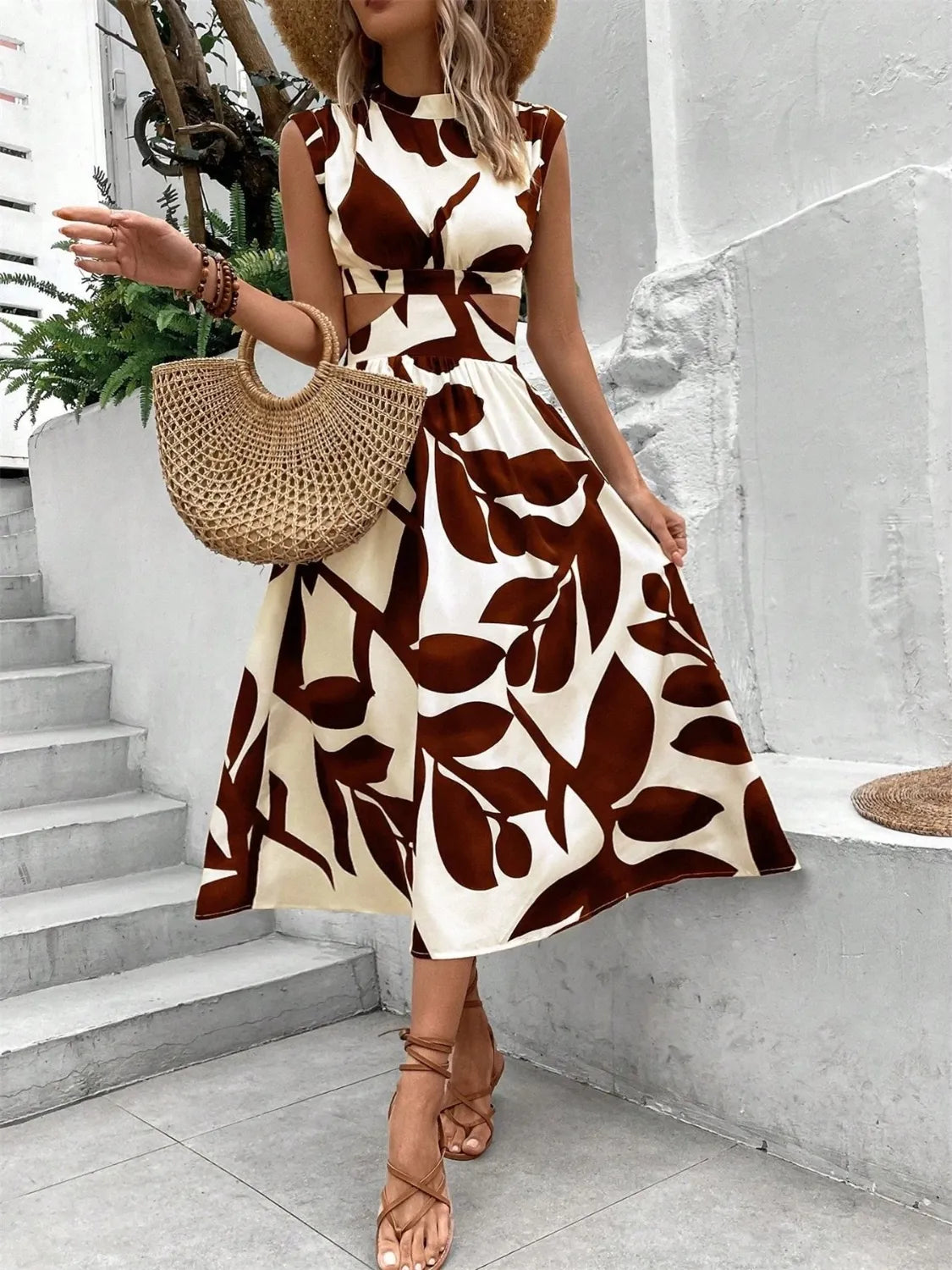 Cutout Printed Cap Sleeve Midi Dress.