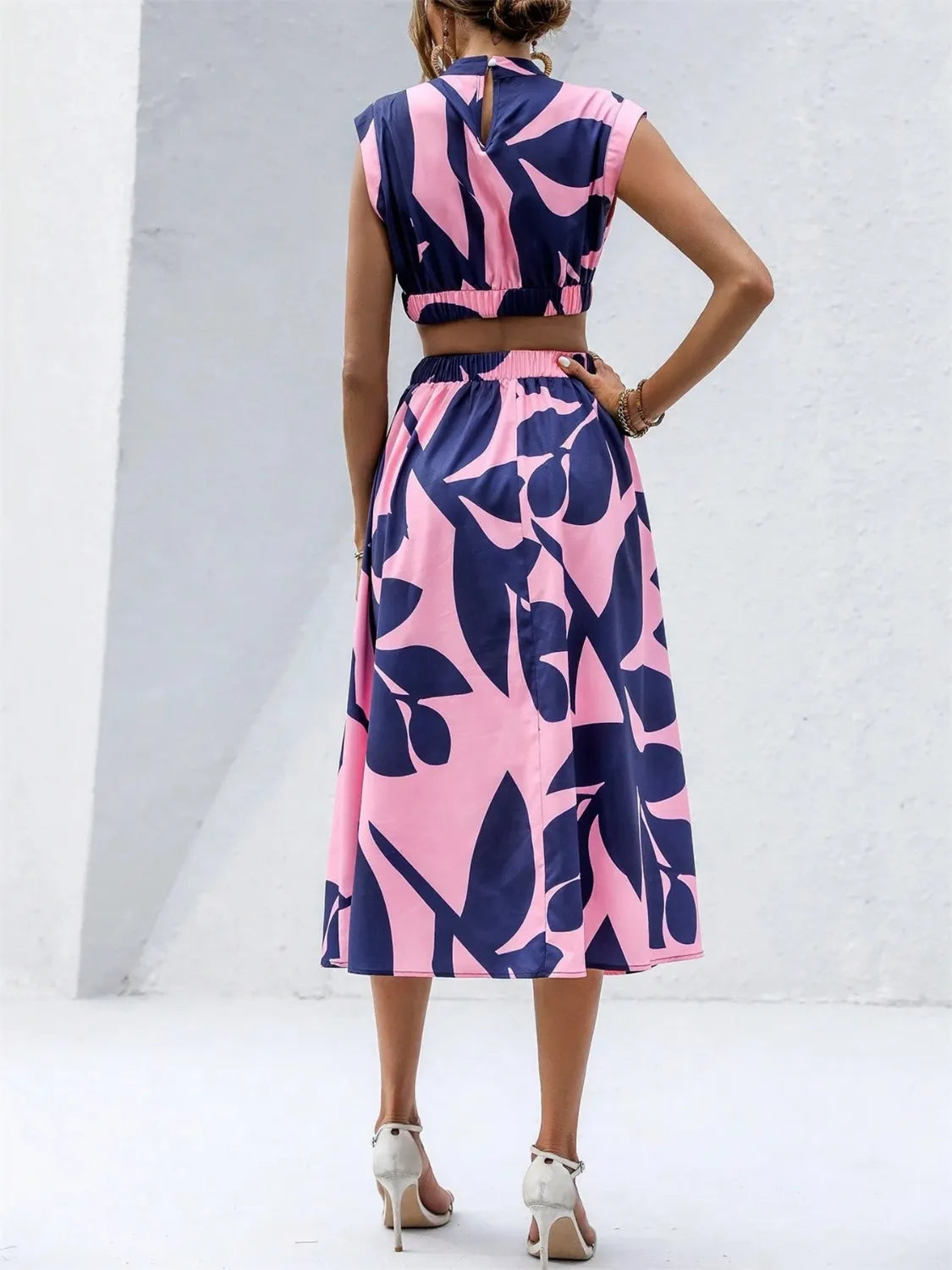 Cutout Printed Cap Sleeve Midi Dress.