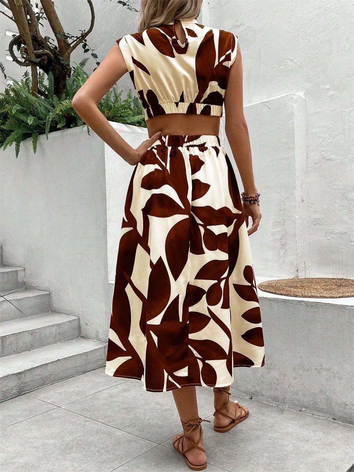 Cutout Printed Cap Sleeve Midi Dress.