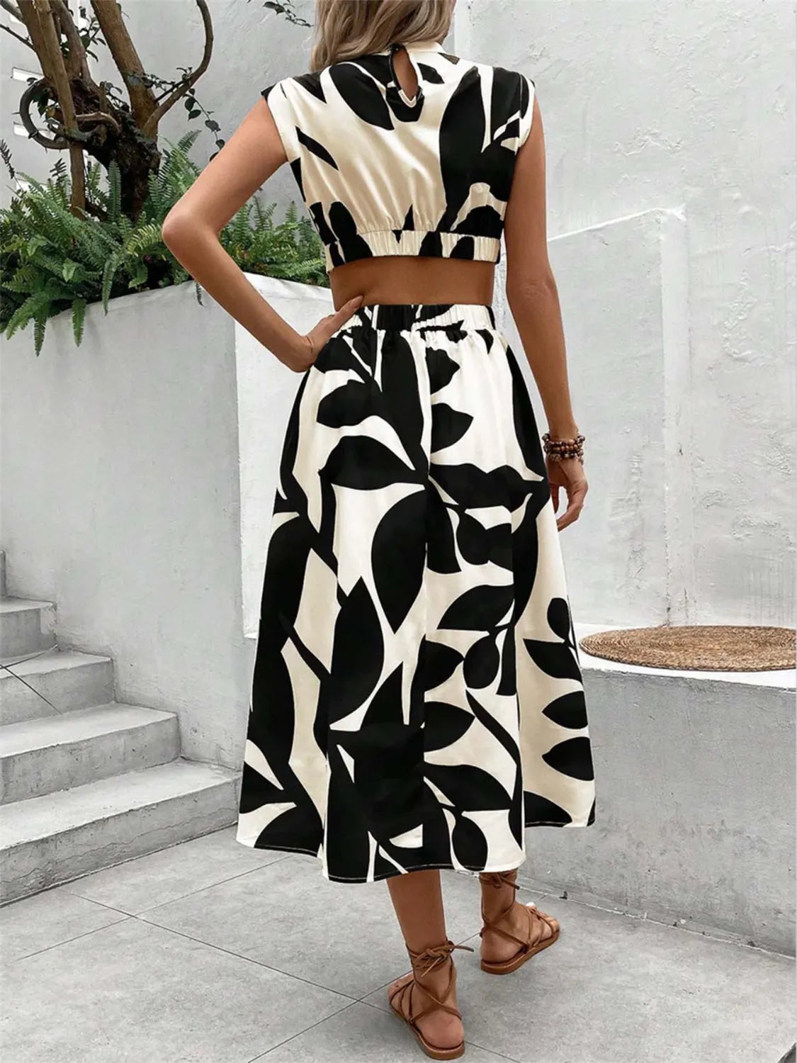 Cutout Printed Cap Sleeve Midi Dress.