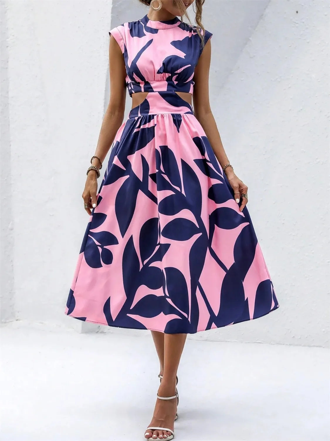 Cutout Printed Cap Sleeve Midi Dress.
