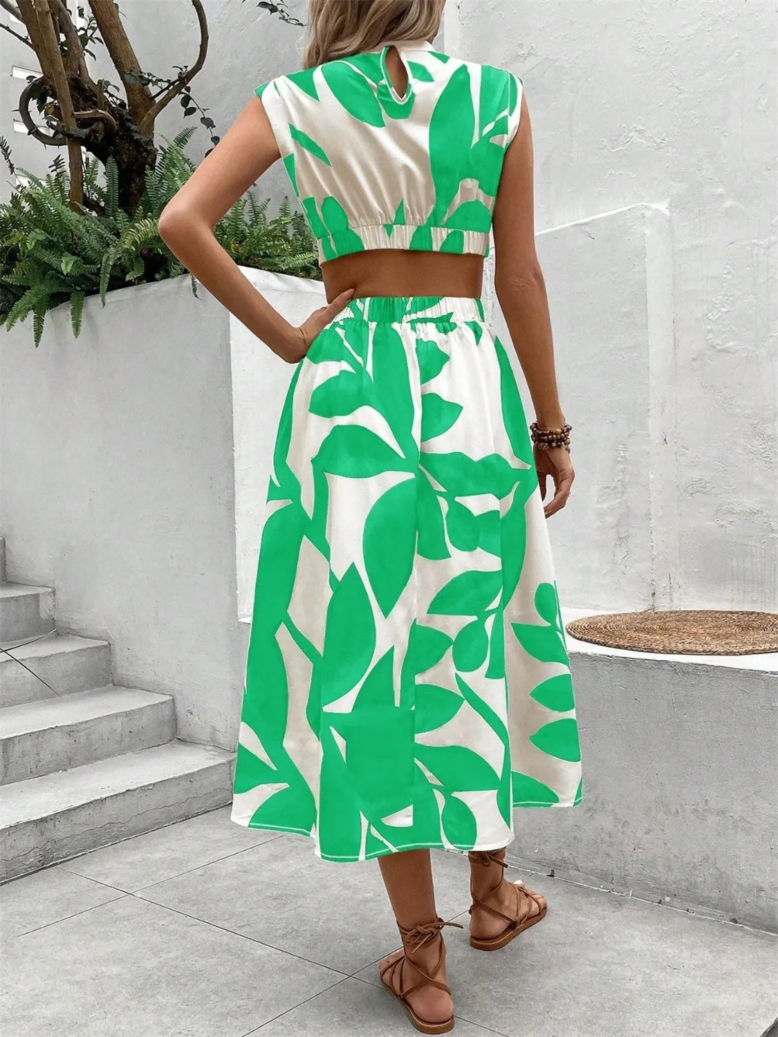 Cutout Printed Cap Sleeve Midi Dress.