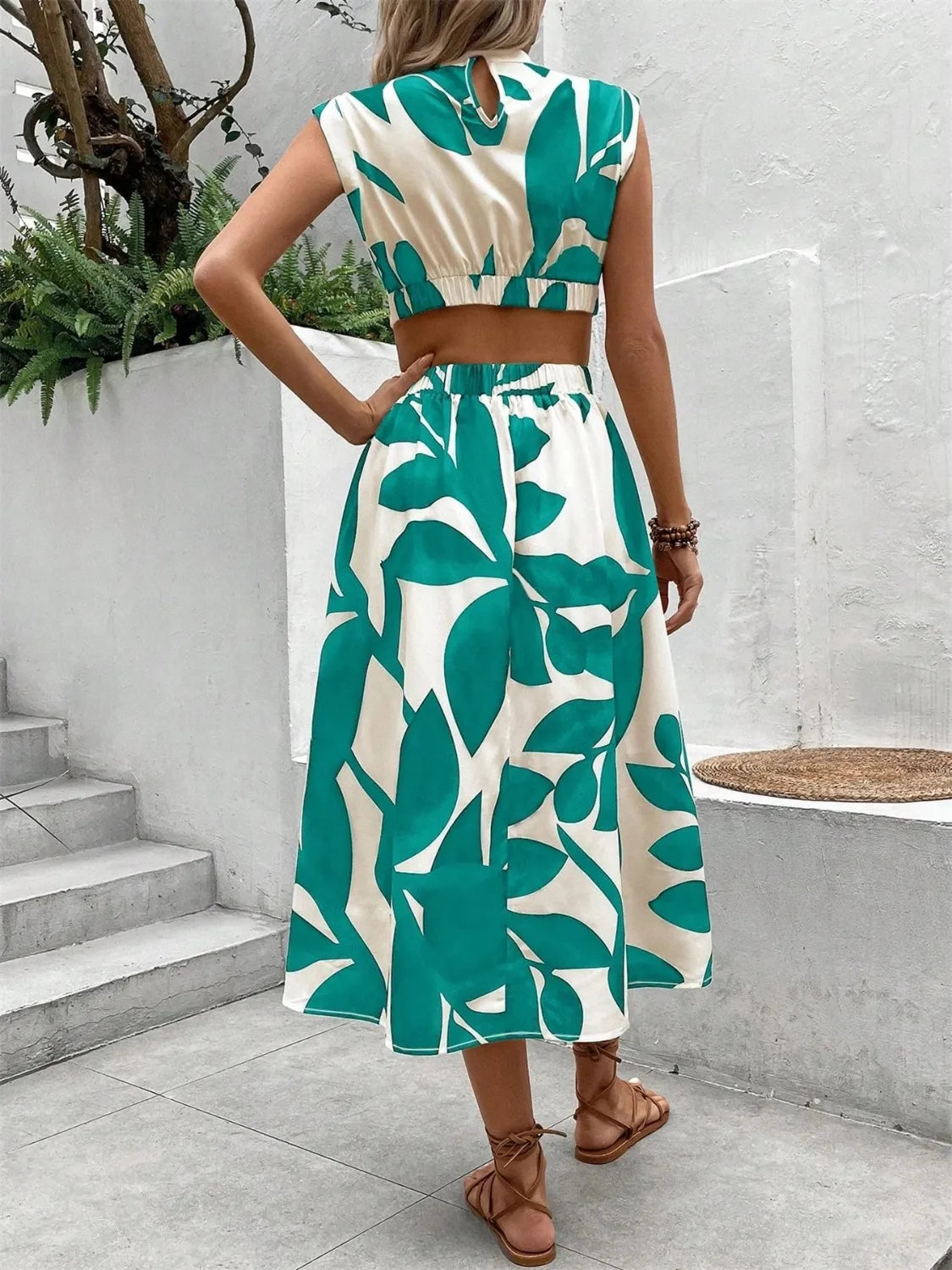Cutout Printed Cap Sleeve Midi Dress.