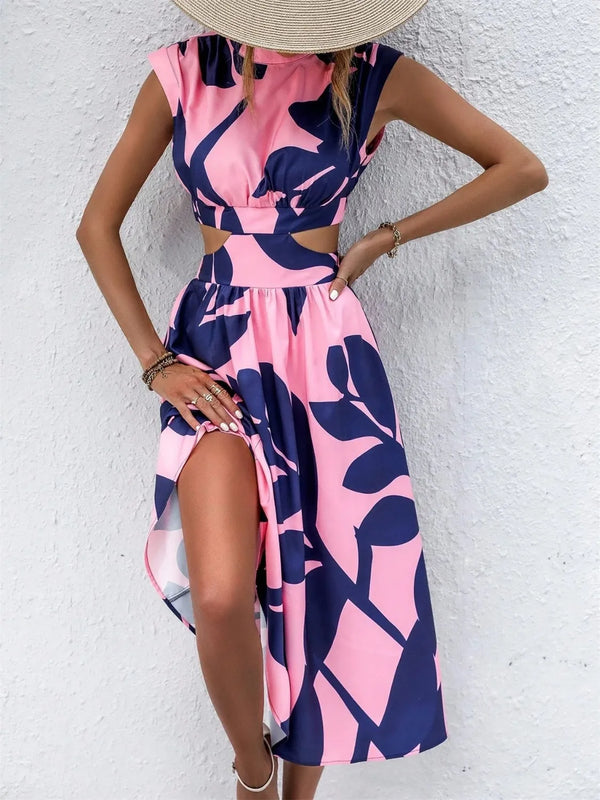 Cutout Printed Cap Sleeve Midi Dress.