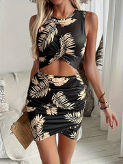 Cutout Printed Round Neck Sleeveless Mini Dress.