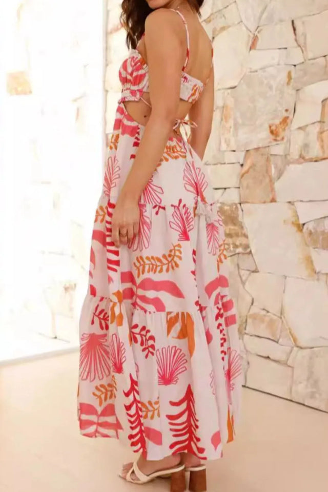 Cutout Printed Sleeveless Midi Cami Dress with Ruched, Smocked, Tied, and Backless Details.