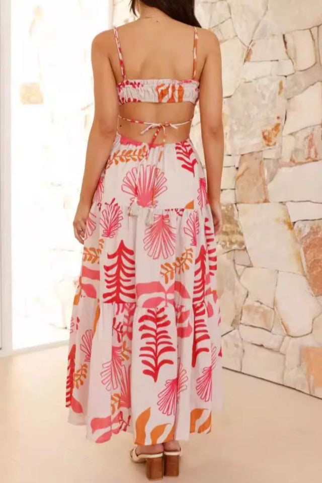 Cutout Printed Sleeveless Midi Cami Dress with Ruched, Smocked, Tied, and Backless Details.