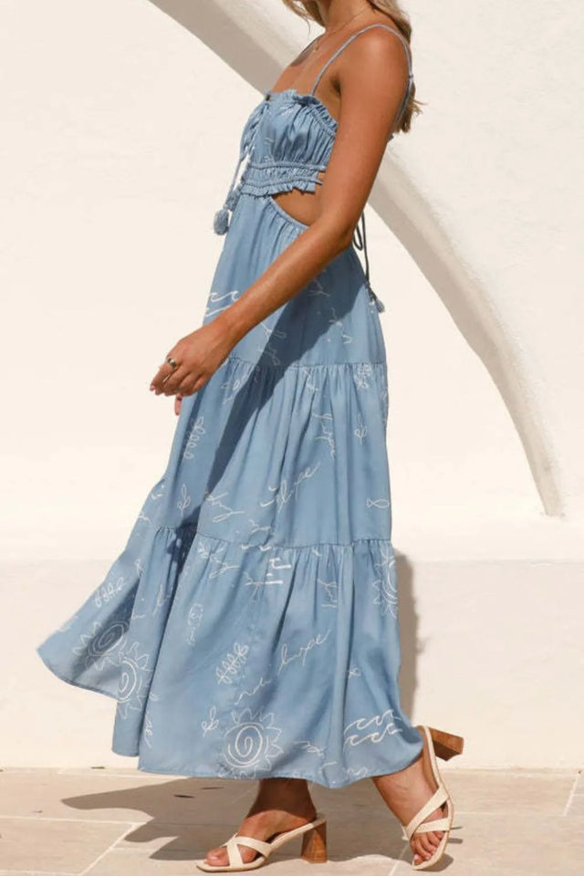 Cutout Printed Sleeveless Midi Cami Dress with Ruched, Smocked, Tied, and Backless Details.