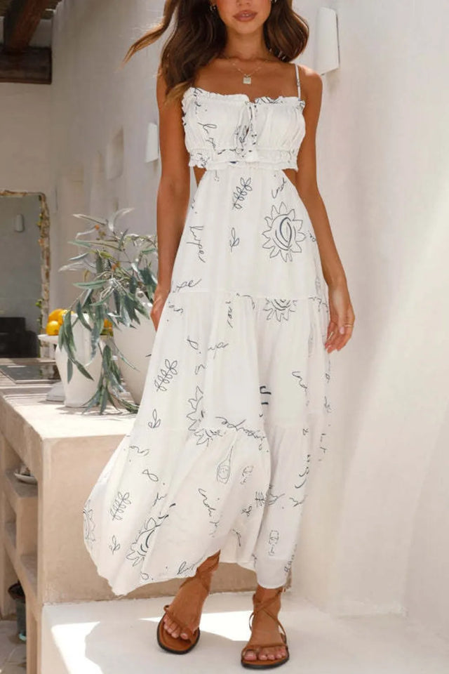 Cutout Printed Sleeveless Midi Cami Dress with Ruched, Smocked, Tied, and Backless Details.