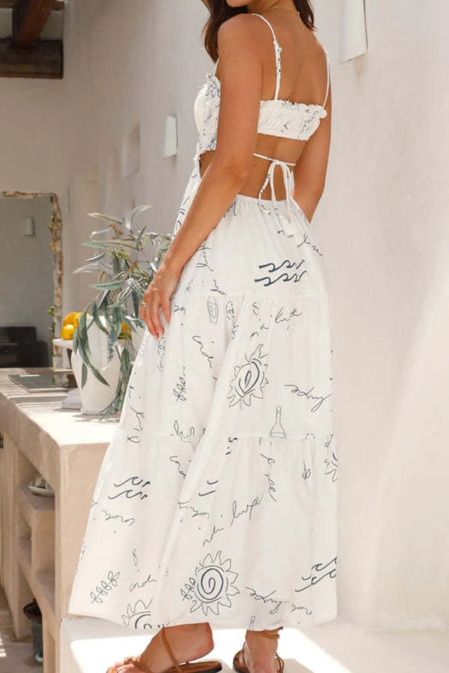 Cutout Printed Sleeveless Midi Cami Dress with Ruched, Smocked, Tied, and Backless Details.