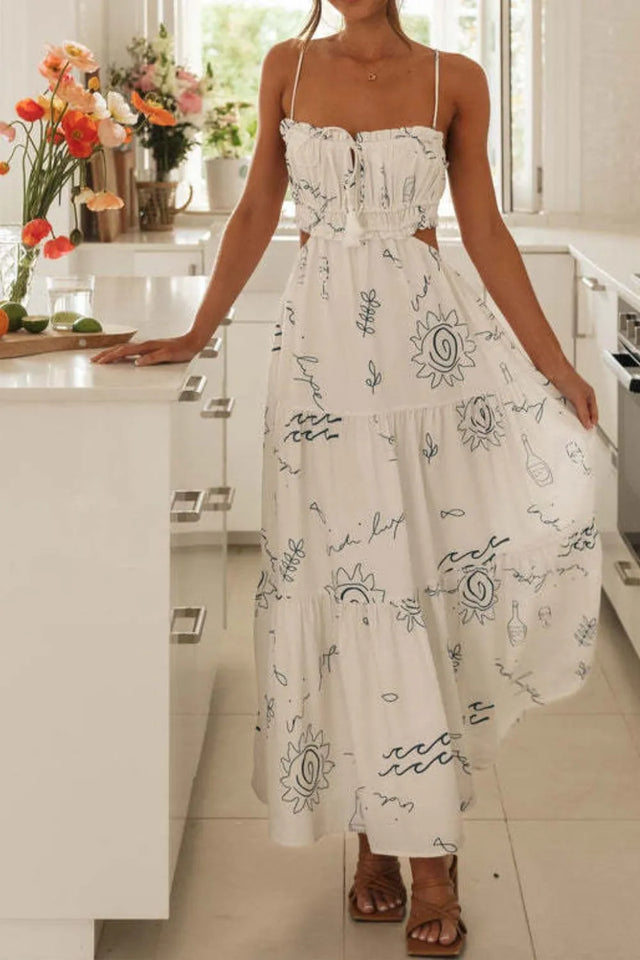 Cutout Printed Sleeveless Midi Cami Dress with Ruched, Smocked, Tied, and Backless Details.
