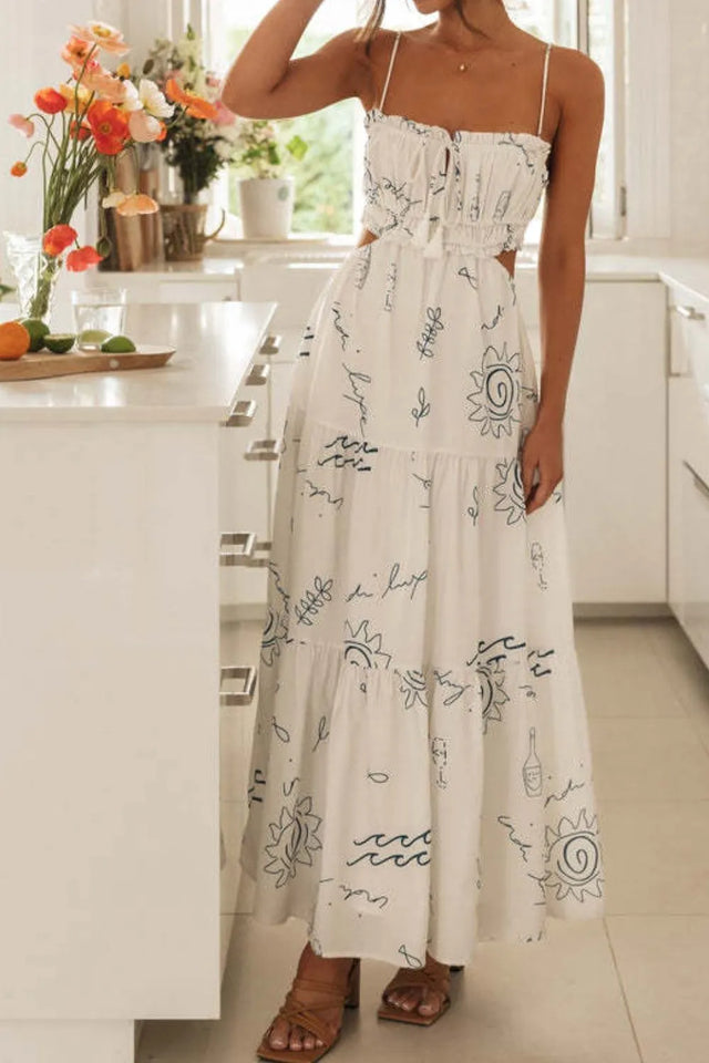 Cutout Printed Sleeveless Midi Cami Dress with Ruched, Smocked, Tied, and Backless Details.