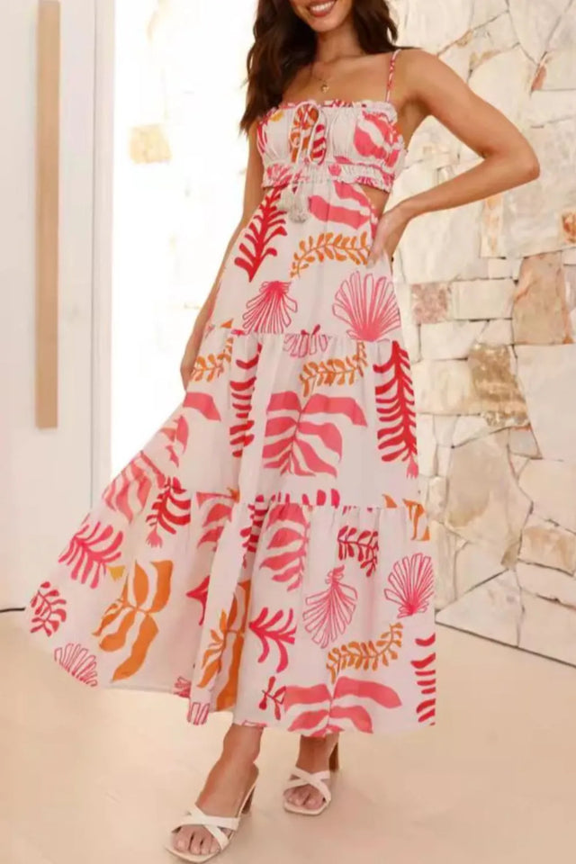 Cutout Printed Sleeveless Midi Cami Dress with Ruched, Smocked, Tied, and Backless Details.