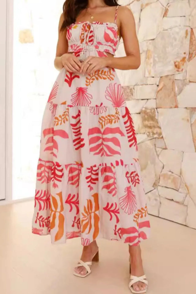 Cutout Printed Sleeveless Midi Cami Dress with Ruched, Smocked, Tied, and Backless Details.