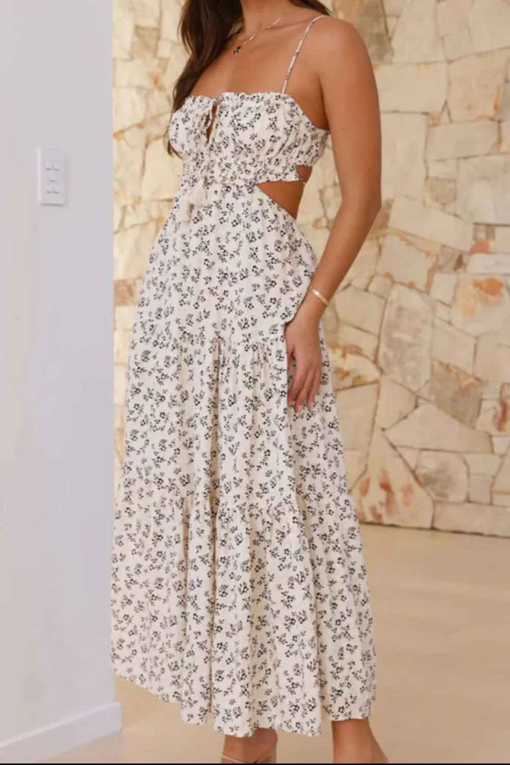 Cutout Printed Sleeveless Midi Cami Dress with Ruched, Smocked, Tied, and Backless Details.