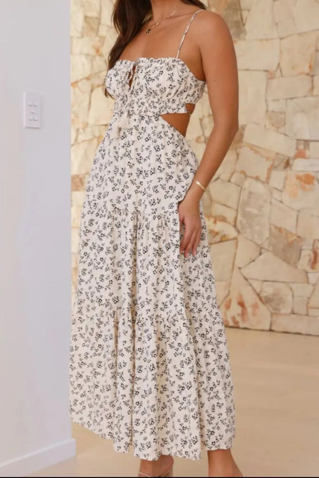 Cutout Printed Sleeveless Midi Cami Dress with Ruched, Smocked, Tied, and Backless Details.