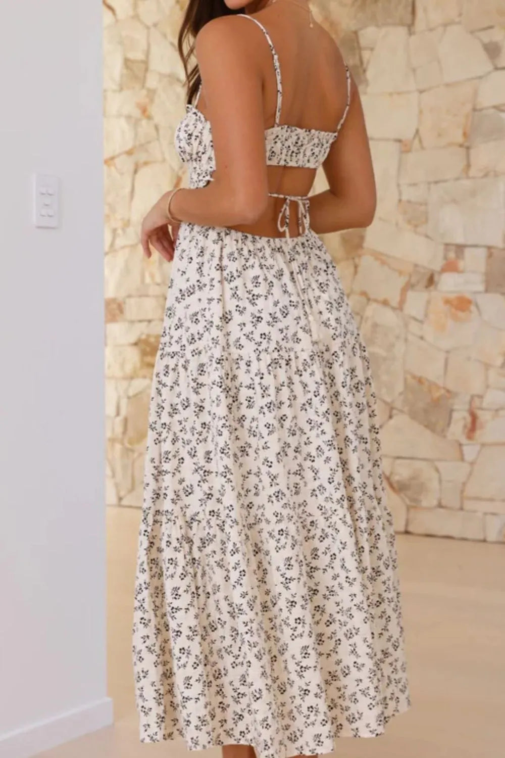 Cutout Printed Sleeveless Midi Cami Dress with Ruched, Smocked, Tied, and Backless Details.