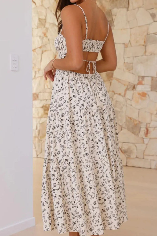 Cutout Printed Sleeveless Midi Cami Dress with Ruched, Smocked, Tied, and Backless Details.