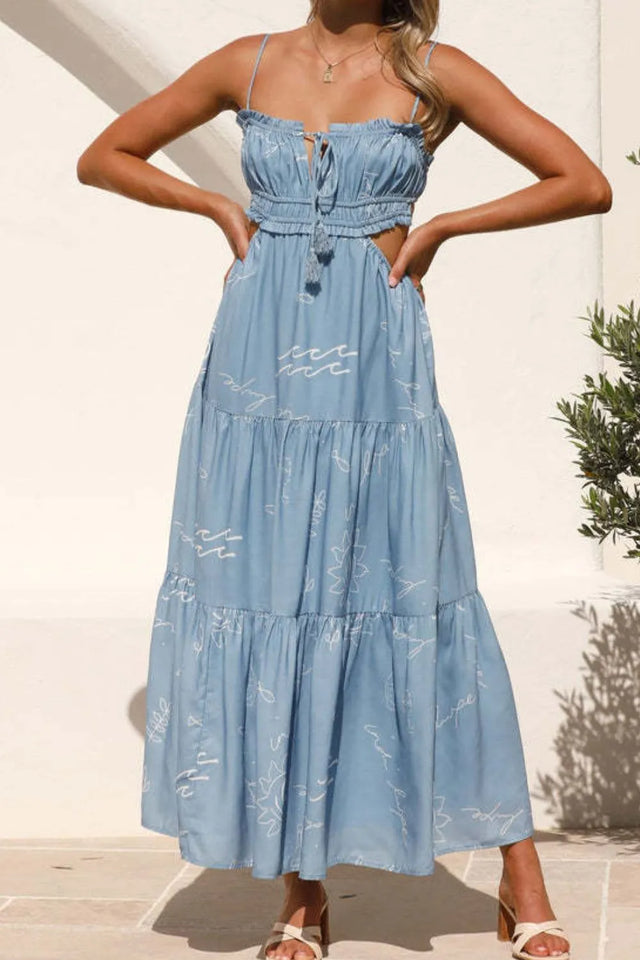Cutout Printed Sleeveless Midi Cami Dress with Ruched, Smocked, Tied, and Backless Details.