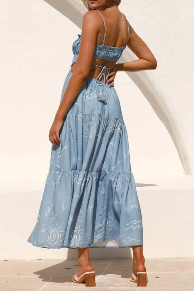 Cutout Printed Sleeveless Midi Cami Dress with Ruched, Smocked, Tied, and Backless Details.