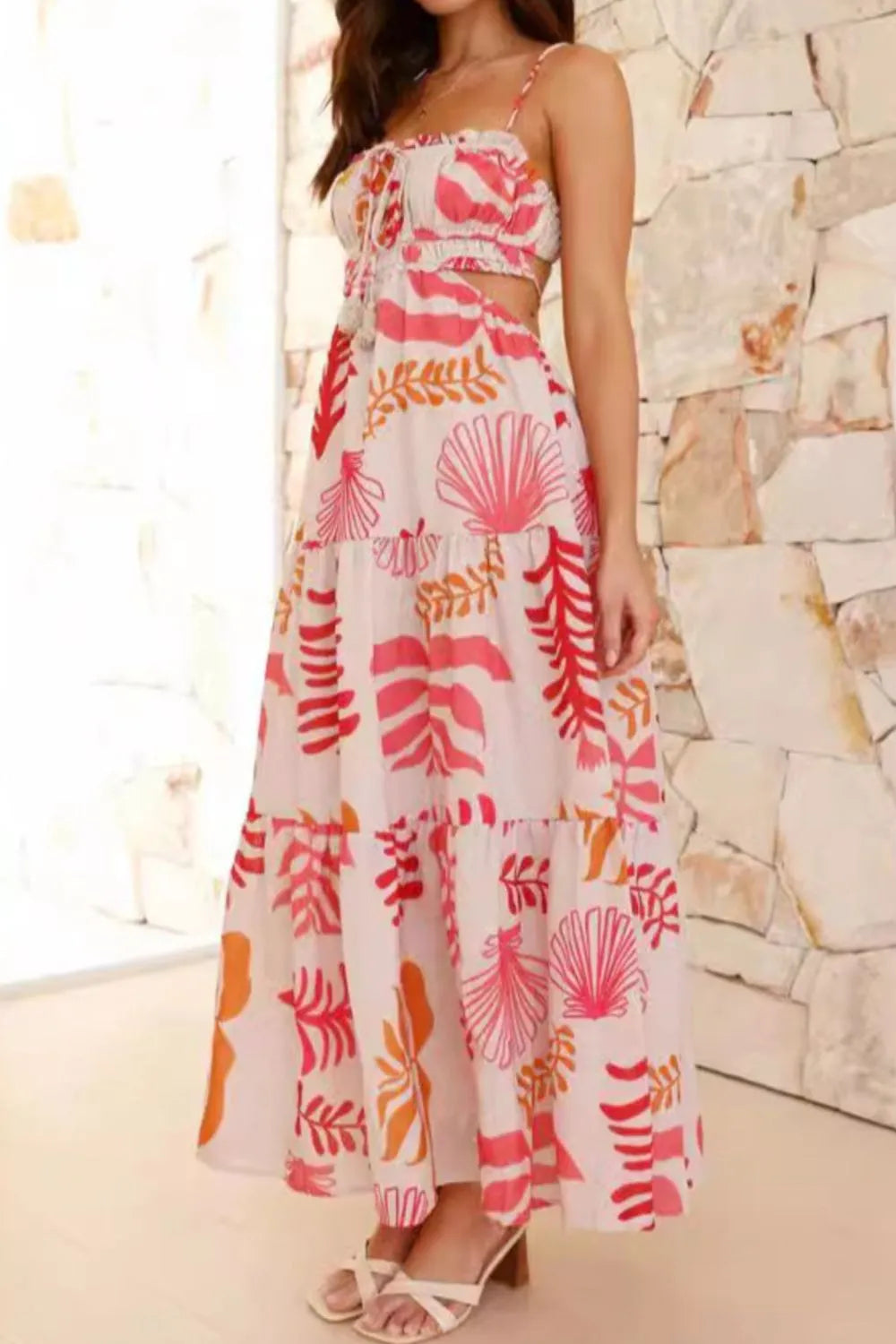 Cutout Printed Sleeveless Midi Cami Dress with Ruched, Smocked, Tied, and Backless Details.