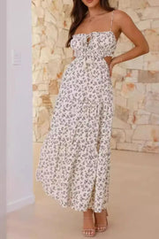 Cutout Printed Sleeveless Midi Cami Dress with Ruched, Smocked, Tied, and Backless Details.