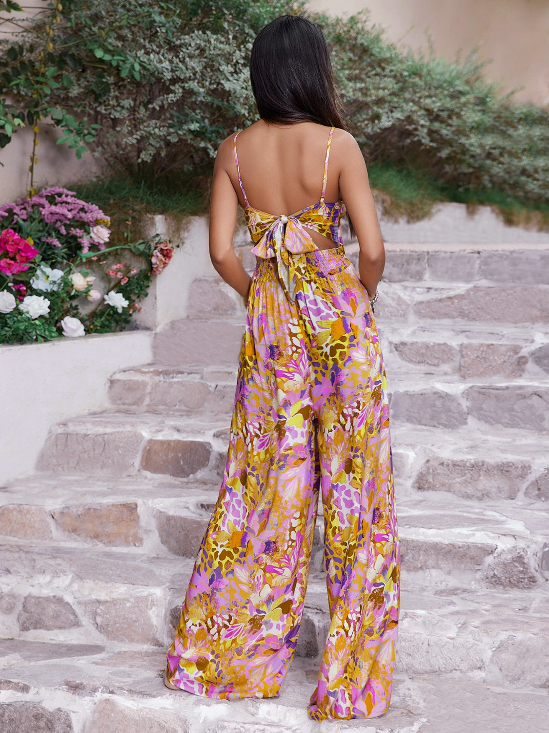 Cutout Printed Spaghetti Strap Jumpsuit.