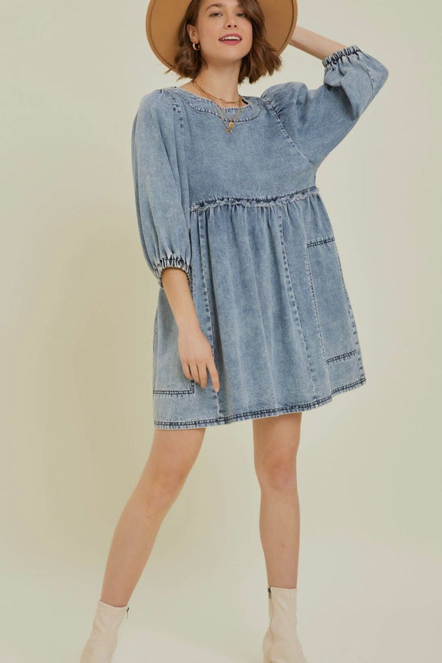 Cutout Round Neck Balloon Sleeve Denim Dress.
