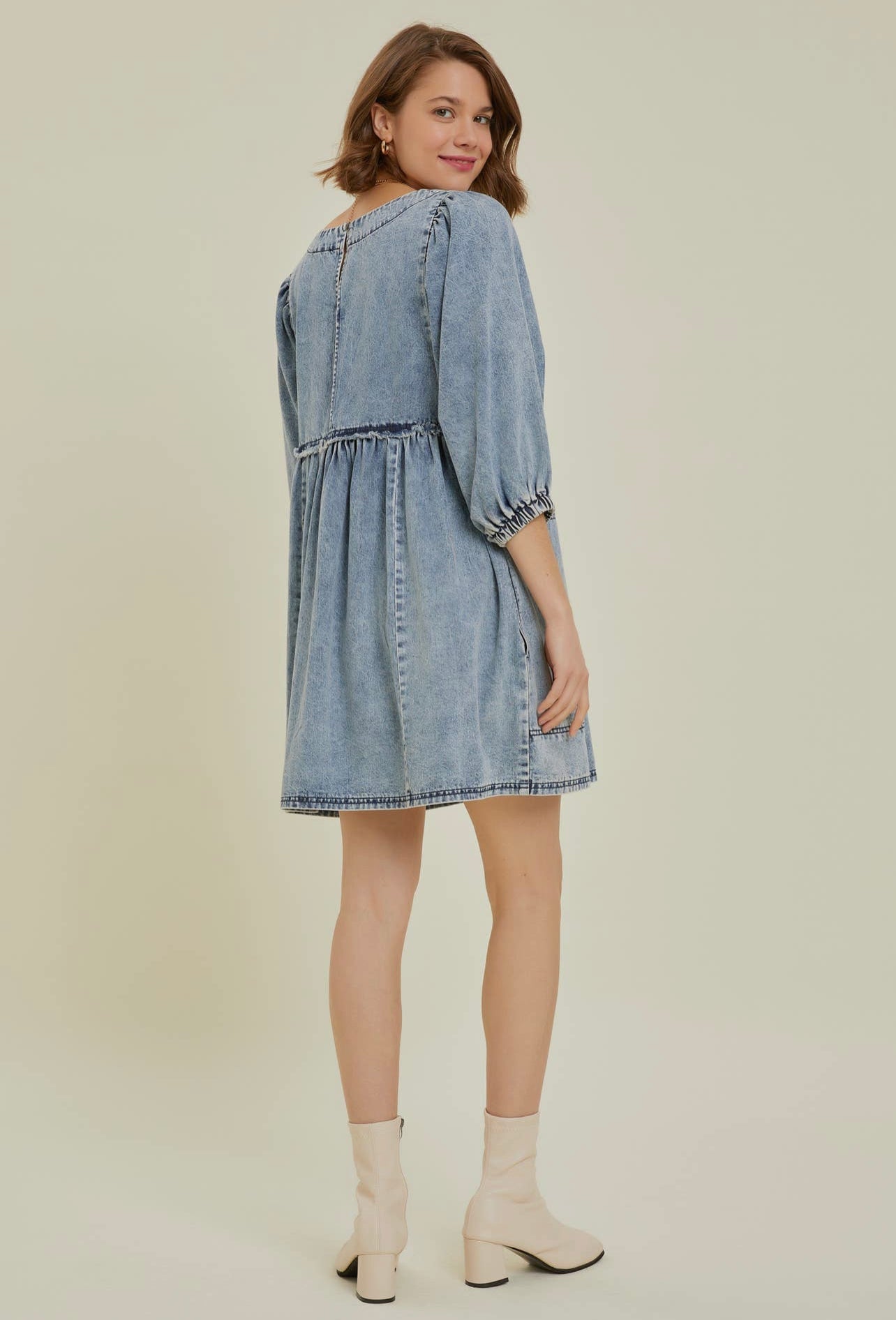 Cutout Round Neck Balloon Sleeve Denim Dress.