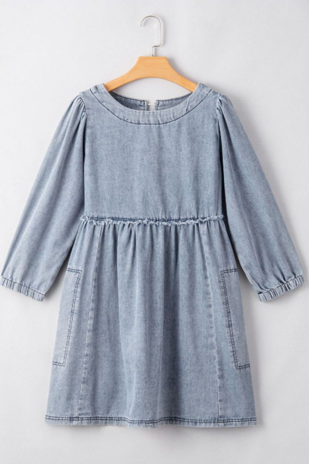 Cutout Round Neck Balloon Sleeve Denim Dress.