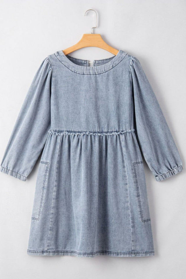 Cutout Round Neck Balloon Sleeve Denim Dress.