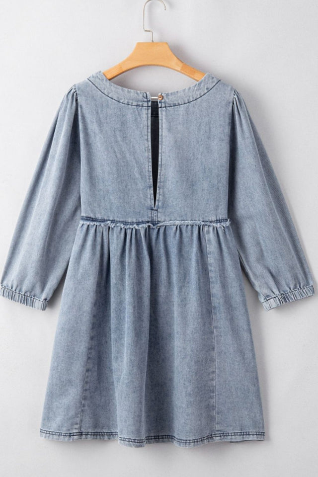 Cutout Round Neck Balloon Sleeve Denim Dress.