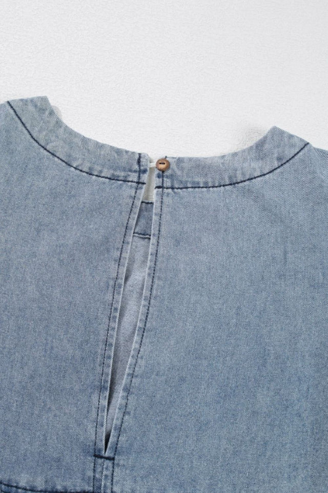 Cutout Round Neck Balloon Sleeve Denim Dress.