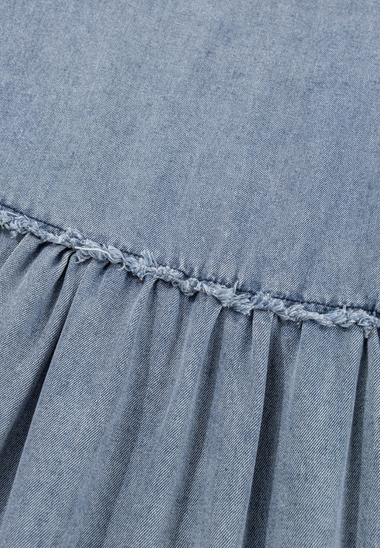 Cutout Round Neck Balloon Sleeve Denim Dress.