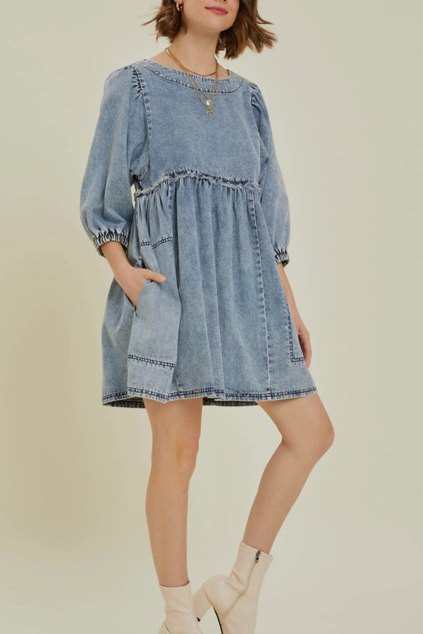 Cutout Round Neck Balloon Sleeve Denim Dress.