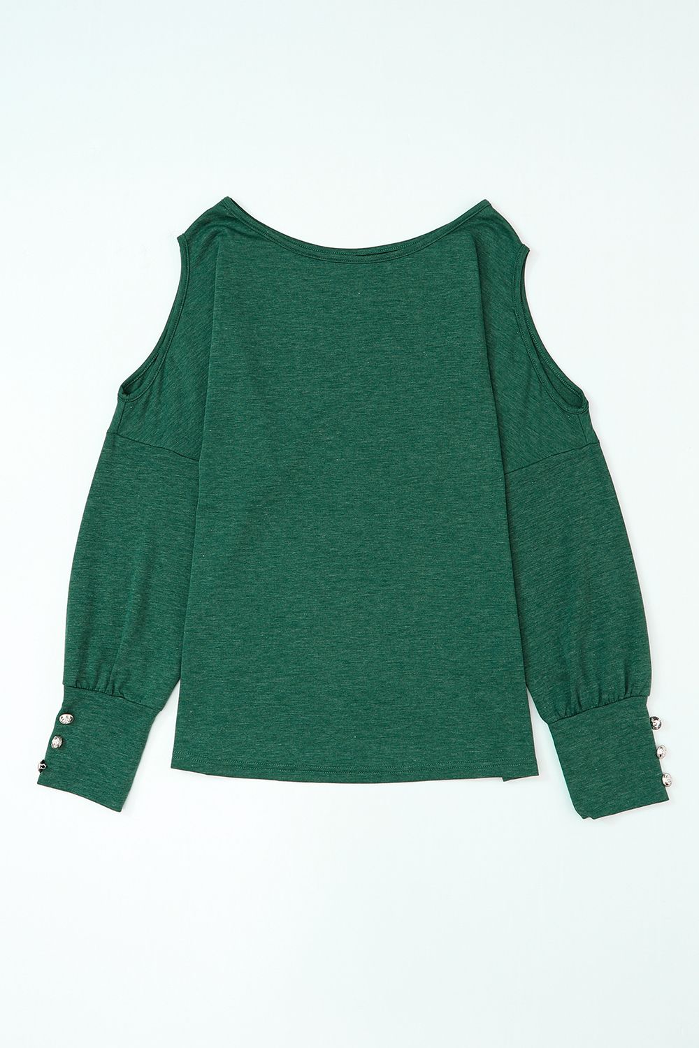 Cutout round neck long sleeve top with decorative buttons.