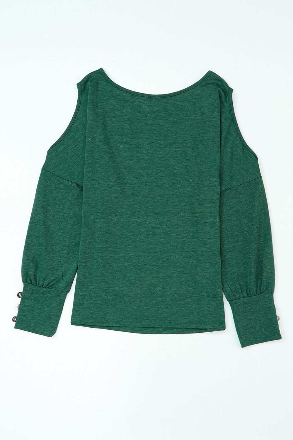Cutout round neck long sleeve top with decorative buttons.