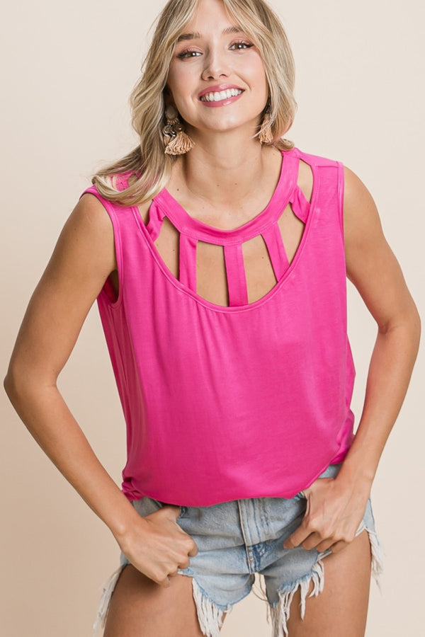 Cutout round neck sleeveless top, opaque.