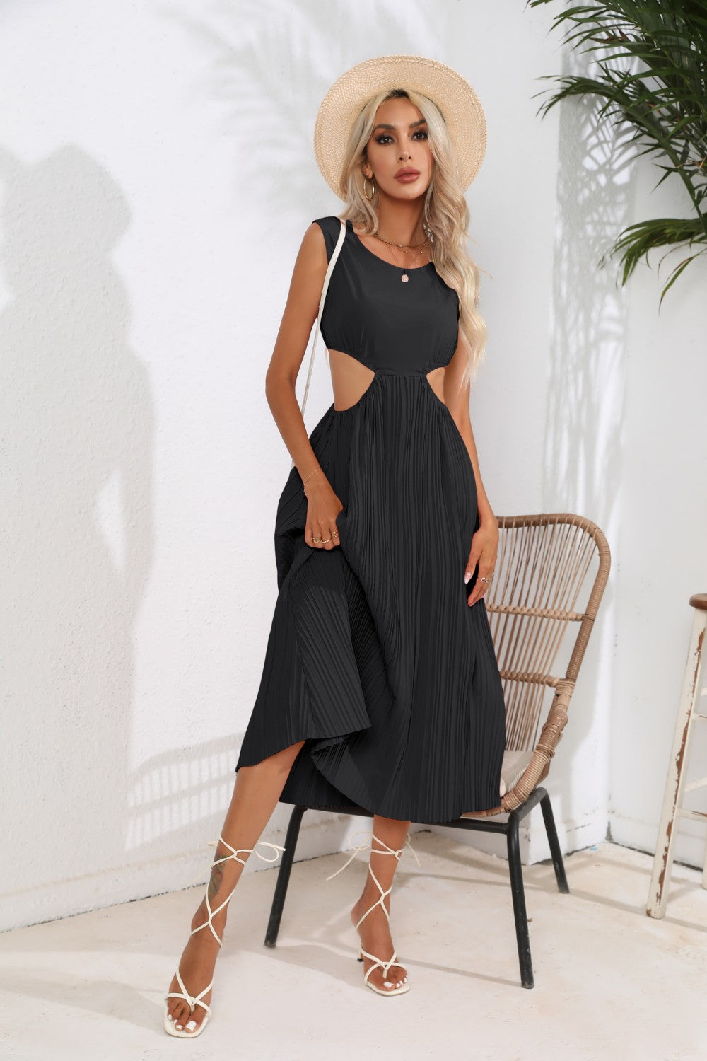 Cutout Ruched Round Neck Tank Dress.