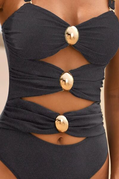 Cutout Ruched Sweetheart Neck One-Piece Swimwear.