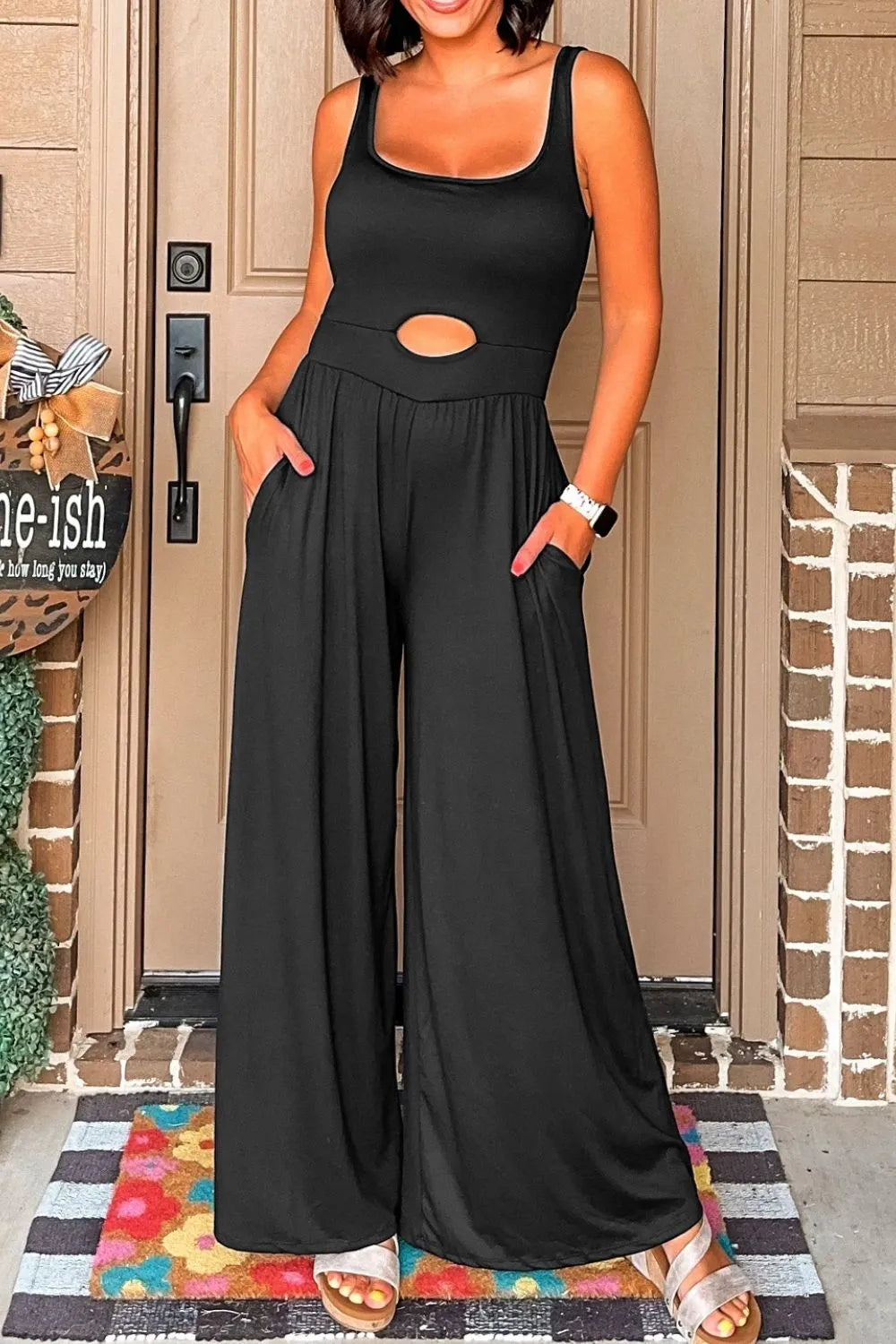 Mineral Wash Hollow Out Back Drawstring Waist Romper.