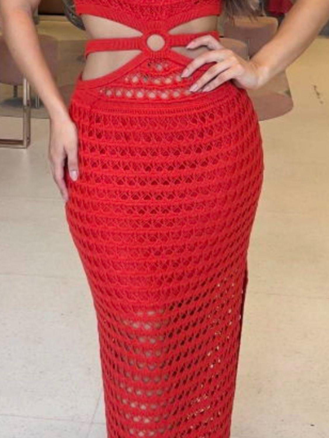 Cutout Slit Round Neck Sweater Dress.